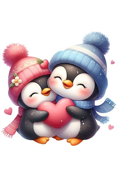 OEM Autocolant Pinguini îmbrățișându-se ținând o inimă, ilustrație de Ziua În...
