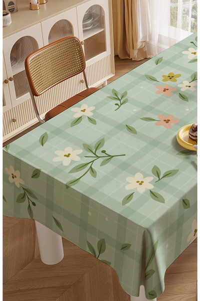ALAMODECOR Yeşil Çiçekli Kareli Vintage Desen Özel Tasarım Masa Örtüsü