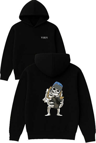 VSRN تصميم كوك بومبر مطبوع قصة فضفاضة سويت شيرت أسود بغطاء رأس