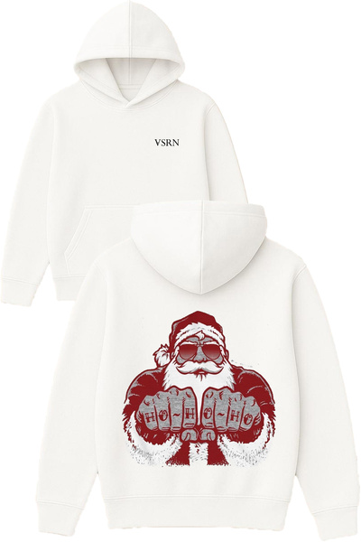 VSRN هورو سانتا كلوز تصميم مطبوع قصة فضفاضة سويت شيرت أبيض بغطاء رأس