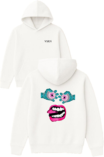 VSRN Pink Eyes Design Hanorac alb supradimensionat cu glugă și imprimeu