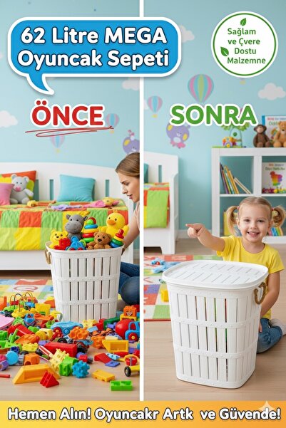 Buclee Büyük Kapasiteli Kapaklı Beyaz Hasır Görünümlü Oyuncak Saklama Sepeti ...