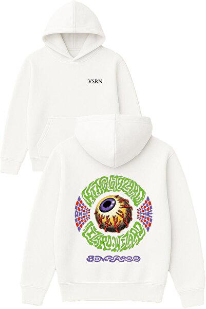 VSRN تصميم العين الخضراء مطبوع قصة فضفاضة سويت شيرت أبيض بغطاء رأس