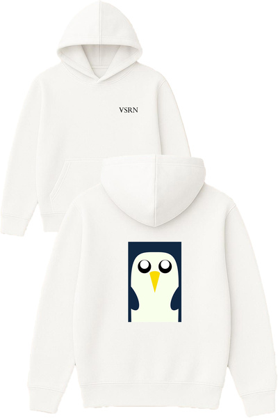 VSRN Hanorac alb supradimensionat cu glugă, imprimat cu design Penguin
