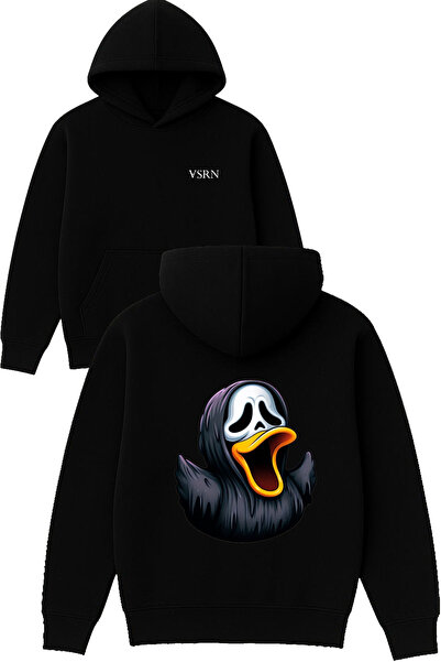 VSRN Hanorac negru supradimensionat cu glugă, cu imprimeu design  "skeleton d...
