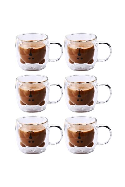Aurov Set of 6 Teddy Bear Tea and Coffee Mugs Made of Heat-Resistant Glass, Double Walled, 260 ml,