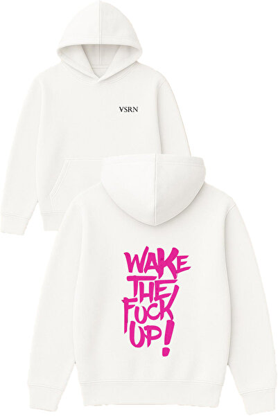 VSRN Hanorac alb supradimensionat cu glugă și imprimeu Wake the Design