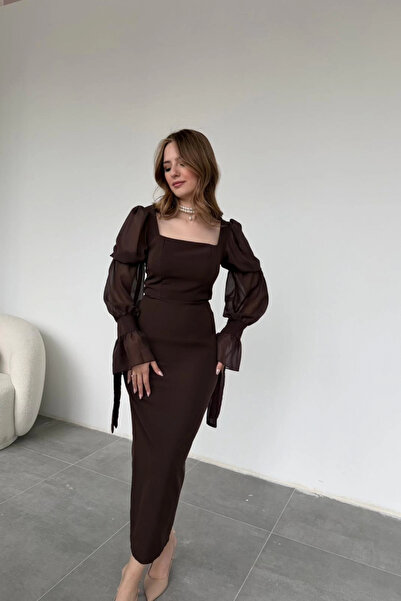HELİS BUTİK Μοντέρνο καφέ φόρεμα με σχέδιο μανίκι με κορδόνια