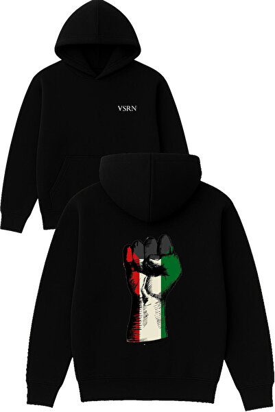 VSRN Palestine Fist Design Printed Oversized Black Hooded Sweatshirt