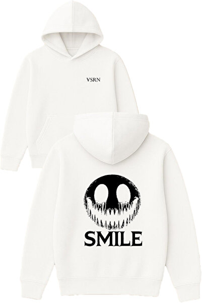 VSRN Hanorac alb supradimensionat cu glugă, imprimat cu design SMIle