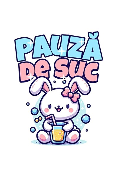 OEM Autocolant iepuraș roz cu pahar de suc „Juice Break”, baloane de săpun pe...