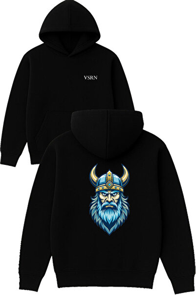 VSRN تصميم الفايكنج مطبوع قصة فضفاضة سويت شيرت أسود بغطاء رأس