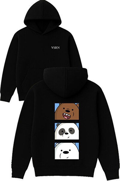 VSRN 3 فريند بير ديزاين مطبوع قصة فضفاضة سويت شيرت أسود بغطاء رأس