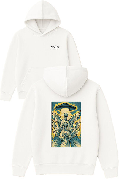 VSRN تصميم ufo melek aliens مطبوع قصة فضفاضة سويت شيرت أبيض بغطاء رأس