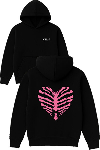 VSRN Hanorac negru supradimensionat cu glugă, cu imprimeu Heart Cage Design