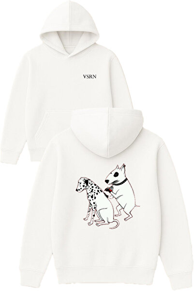 VSRN تصميم تاتو دوج مطبوع قصة فضفاضة سويت شيرت أبيض بغطاء رأس