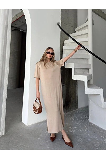 bysoca Γυναικείο μπεζ φόρεμα με κοντό μανίκι άνοιγμα Casual Fit Modal Pique υ...