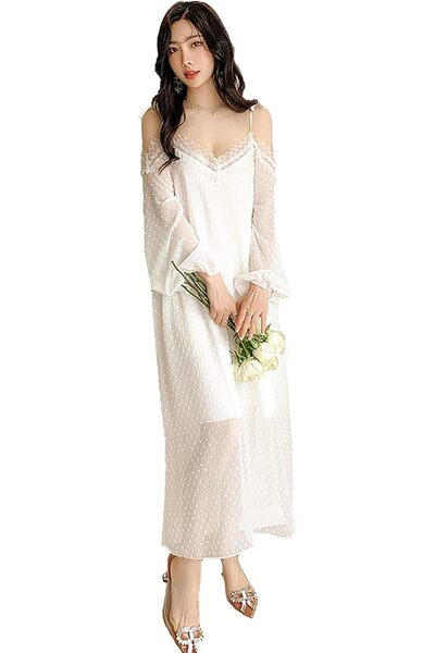 Generic VINMASS Women Premium Chiffon Lounge Nightdress Long Dress White, One Size
