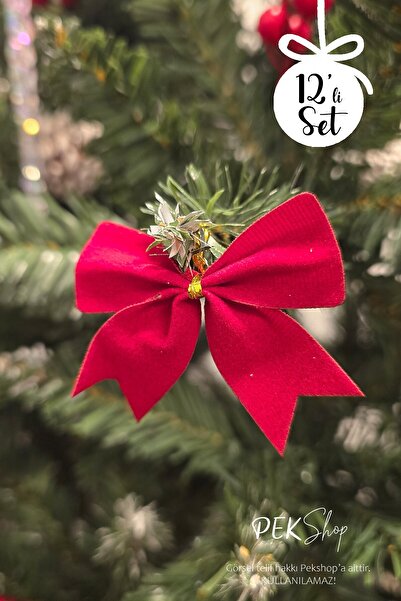 PEKSHOP 12Pcs Red Bow Christmas Tree Ornaments Gold String Bow Ribbon Red