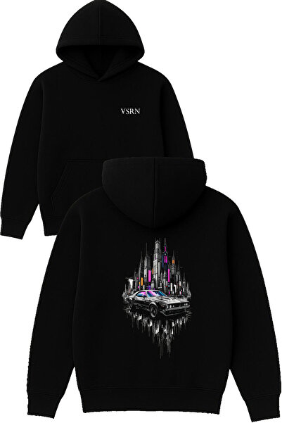 VSRN Cyber City Design Printed Oversized Black Hooded Sweatshirt