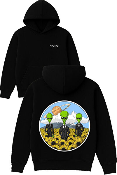 VSRN 3 Hanorac negru supradimensionat cu glugă, imprimat cu design Alien