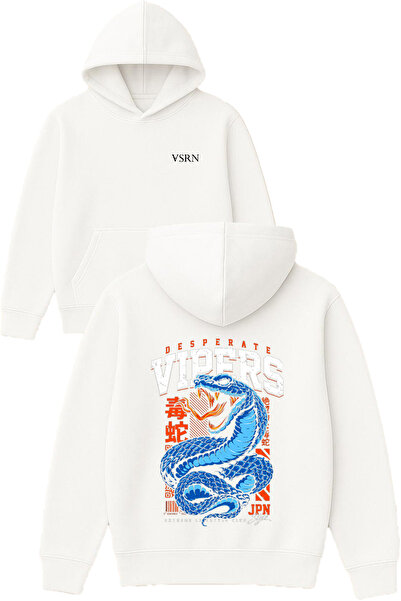 VSRN Hanorac alb supradimensionat cu glugă, cu imprimeu Blue Snake Design
