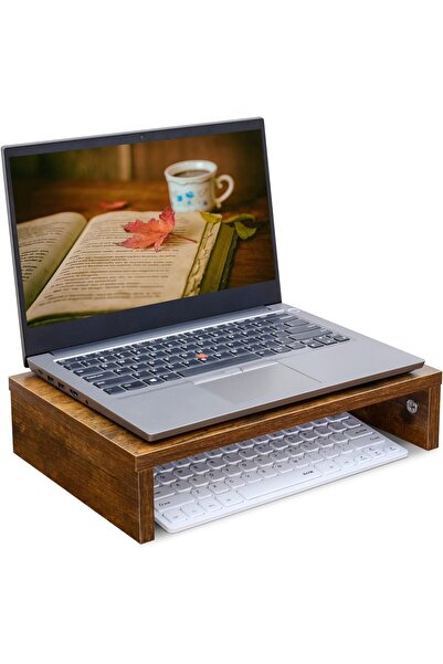 teamix 36 cm Rustic Wood Monitor Stand with Storage for Desk/TV/Monitor/PC/Laptop (Brown)