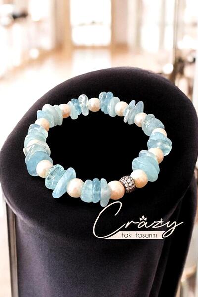 CRAZY TAKI TASARIM سوار نسائي طبيعي من حجر الأكوامارين واللؤلؤ المستزرع الأصلي