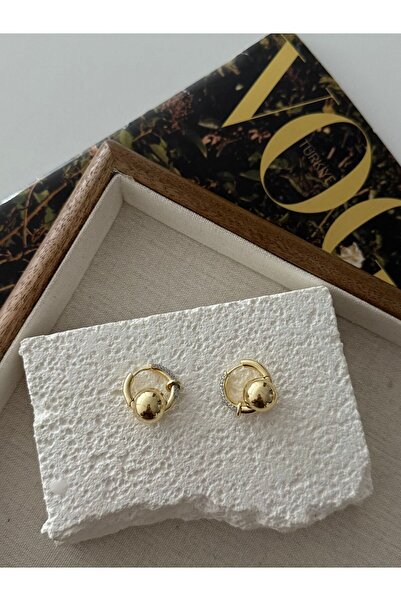 Topçuk Detaylı Gold Zirkon Taşlı Halka Küpe