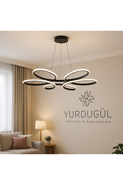 YURDUGÜL Papatya Desenli Üç Renk Siyah Sarkıt Avize – Modern LED Aydınlatma M...