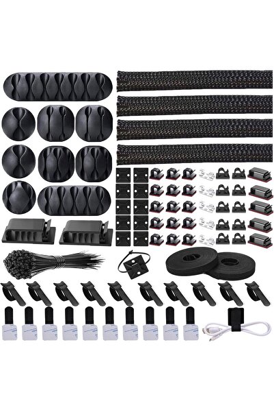 007 4-piece Split Cable Organizer Kit with 41 Adhesive Clips, 100 Cable Ties (Black)