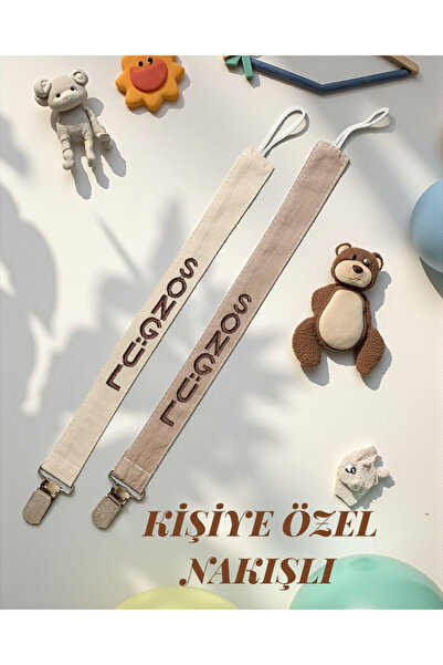 BeybiNest Kişiye Özel Nakışlı Emzik Tutucu 2’li Set – %100 Organik Pamuk – İs...