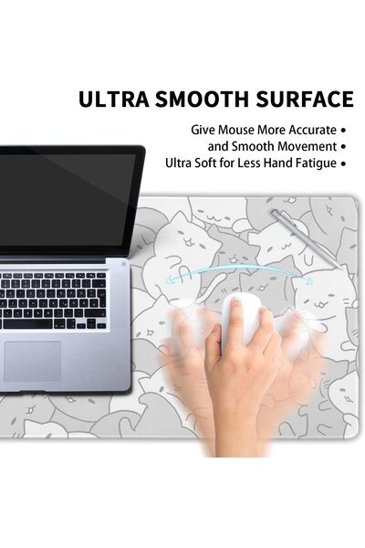 Generic XL Kawaii White Cats Gaming Mouse Pad - 80x30 cm, Non-Slip Rubber Base, Stitched Edges