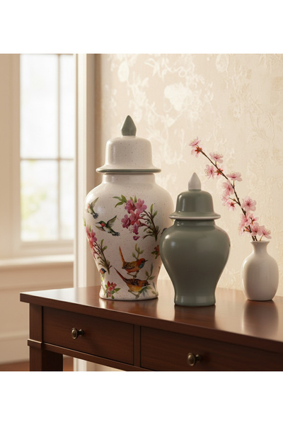 Liora Ceramic Bahar Kuşları El Yapımı Seramik Kavanoz Seti 28x14cm, 24x13cm– ...