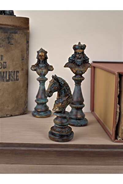 Baefiga Antik Satranç Figür Seti - Kral, Kraliçe ve At Heykeli (3’lü Set)