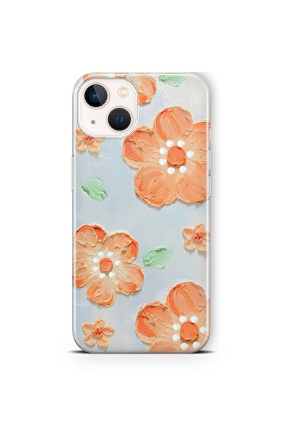 FLAMENKO iPhone 15 Uyumlu Turuncu Çiçek Yağlıboya Desenli Şeffaf Telefon Kılıfı