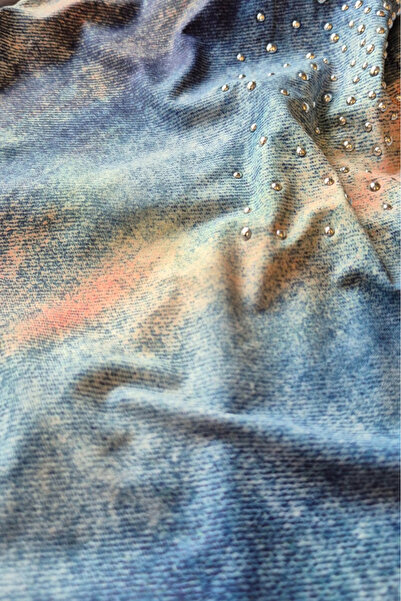 embody One piece swimsuit, with stones appliqué, denim print, dark blue, Summer Shine