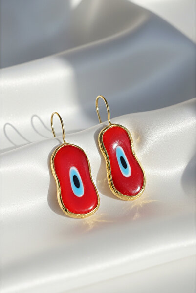 SR Jewelry Box Kırmızı Nazar Boncuğu Detaylı Altın Çerçeveli Oval Kadın Küpe