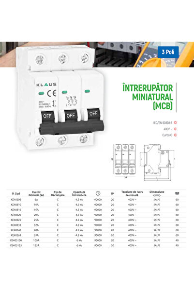 Klaus Miniature Circuit Breaker Mcb 4.5Ka 3P 63A C, KE40363 (4/60)
