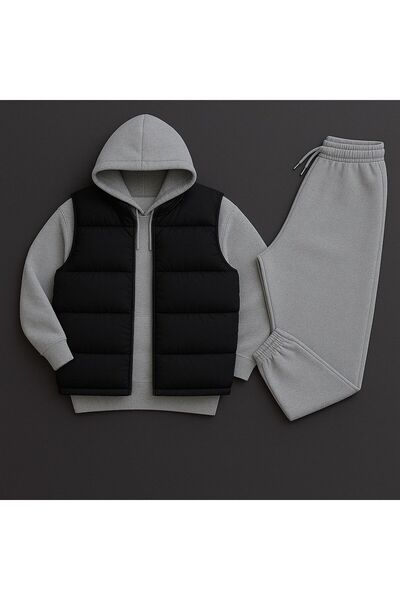 Combineman35 Men's 3-Piece Combination Set (Hooded Sweatshirt + Sweatpants + Puffer Vest)