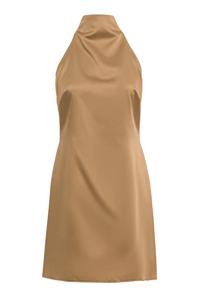Keikei Camel Saten Kolsuz Kısa Elbise