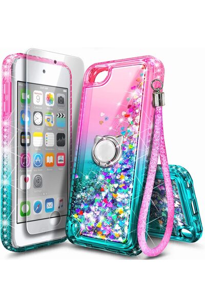 Other NGB iPod Touch Case (7/6/5) with HD Screen Protector & Ring Holder - Pink/Aqua, Soft Shiny TPU