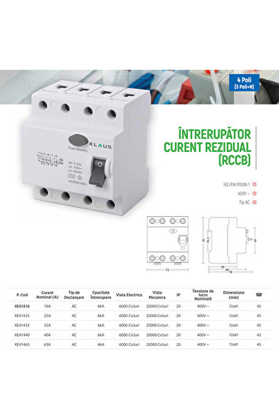 Klaus Residual Current Circuit Breaker Rccb 6Ka 3P+N 40A 30Ma Ac, KE41440 (45)