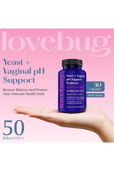 lovebug PROBIOTICS Yeast + Vaginal pH Support | Multi-Strain 50 Billion CFU | 60 Capsules
