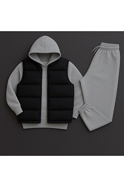 Combineman35 Men's 3-Piece Combination Set (Hooded Sweatshirt + Sweatpants + Puffer Vest)