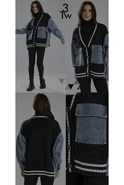 it's basic tw3 denim detaylı örme triko tasarım hırka