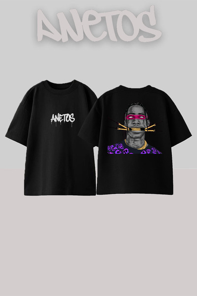 Anetos تي شيرت أسود كبير الحجم من القطن مطبوع عليه تصميم ترافيس 1