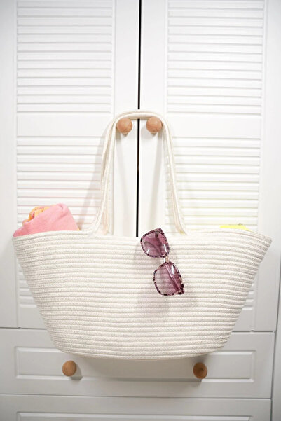 Halımax Chest Natural Wicker Jute Hand Knitted Woven White Women's Beach Shoulder Bag White Jute Bag with Strap