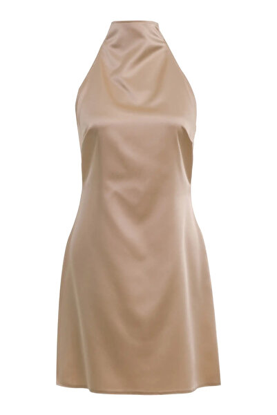 Keikei Bej Saten Kolsuz Kısa Elbise