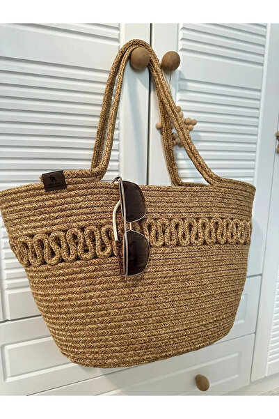 Halımax Chest Natural Wicker Jute Hand Knitted Woven White Women's Beach Shoulder Bag with Strap Brown Bag
